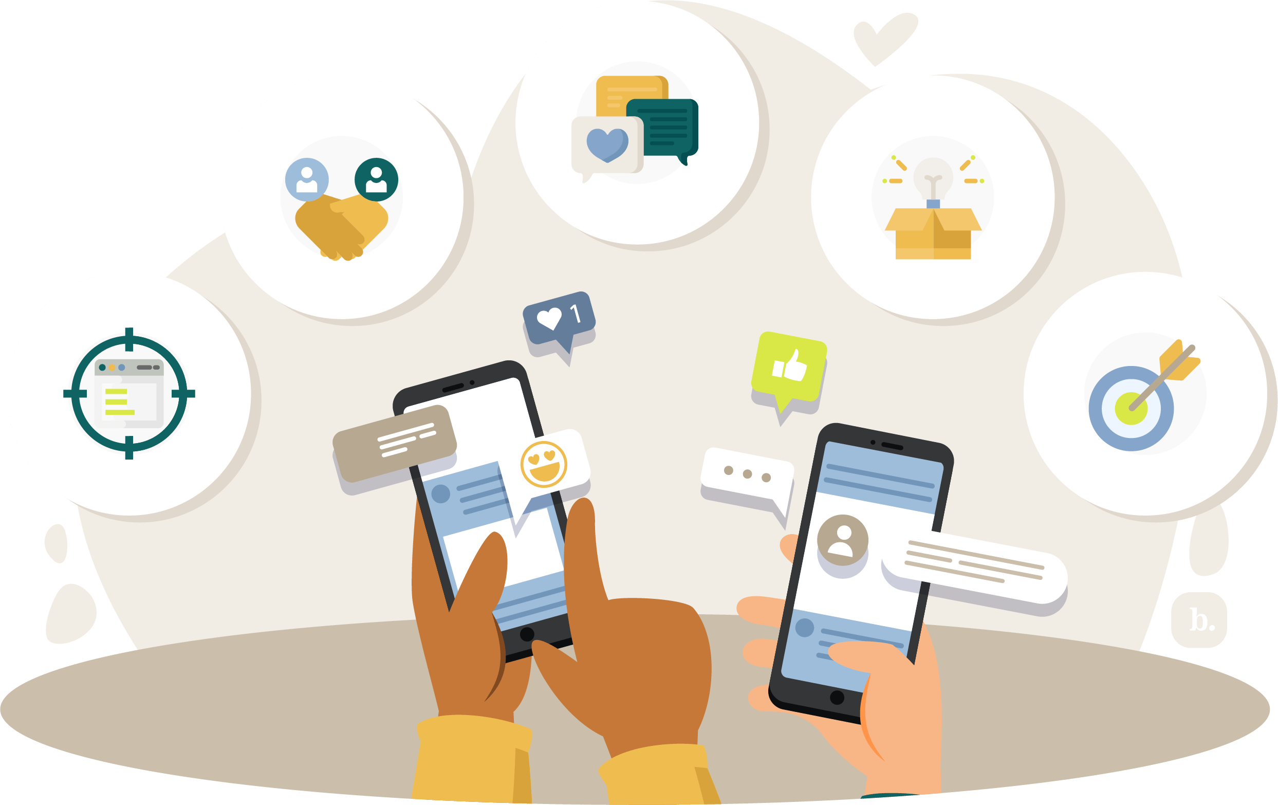 gráfico de manos sosteniendo teléfonos inteligentes usando las redes sociales
