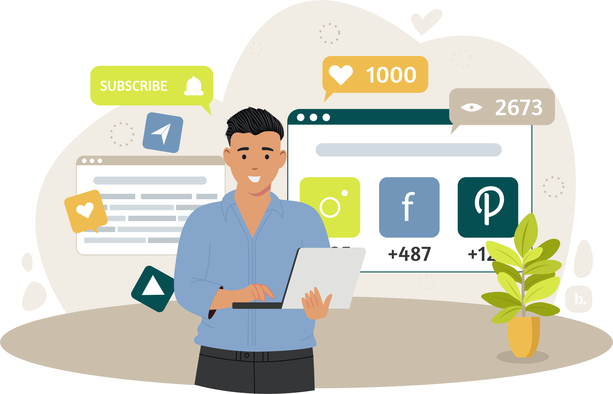gráfico de un hombre parado frente a los logotipos de las redes sociales